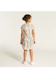 Juniors Floral Print Drop Waist Dress with Short Sleeves