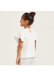 Ruffle Detailed Crew Neck Top with Short Sleeves