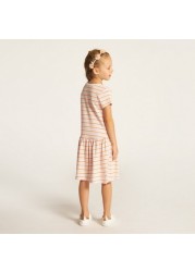 Juniors Striped Drop Waist Dress with Round Neck and Short Sleeves