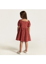 Embroidered Square Neck A-line Dress with Short Sleeves