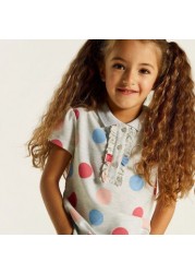 Juniors Polka Dot Polo T-shirt with Ruffles and Short Sleeves