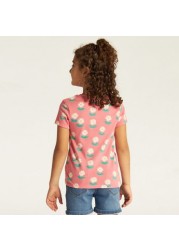 Juniors Floral Print Round Neck T-shirt with Short Sleeves