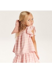 Juniors Striped Top with Round Neck and Flutter Sleeves