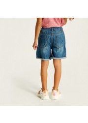 Juniors Floral Embroidered Denim Shorts with Button Closure and Pocket