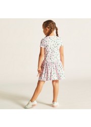 Juniors All Over Printed Dress with Round Neck and Short Sleeves