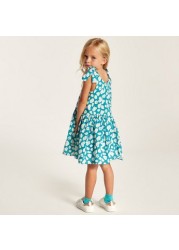 Juniors Printed Sleeveless Dress with V-neck and Tie-Up Detail