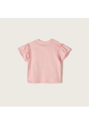 Juniors Embellished Round Neck T-shirt with Ruffles