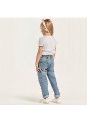 Juniors Solid Denim Pants with Pockets and Button Closure