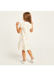 Juniors Printed Polo Dress with Flounce Hem and Short Sleeves