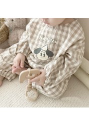 2022 New Baby Cotton Linen Clothes Set Plaid Cartoon Casual Tops Pants 2pcs Baby Set Cute Boy Girls Comfortable Infant Outfits