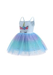 2022 Unicorn Girl Summer Dress Toddler Sleeveless Mesh Tutu Cartoon Clothes Birthday Party Beach Outfit With Wings Headband