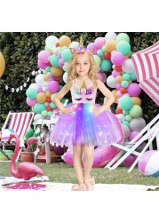 Girl Unicorn Dresses for Girls Tutu Princess Party Dresses with LED Lights Flower Birthday Party Cosplay Costume Girls Clothing