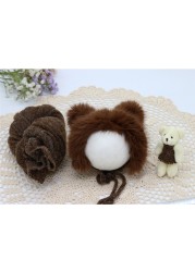 3pcs/set Newborn Infant Photography Wraps Knitted Baby Boys Girls Photo Props Faux Fur Hat Sturdy Stretch Blanket Bear Doll