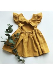 New Baby Girls Dress Bow Cotton Fly Sleeve Ruffles Lace Summer Pure Color Children Princess Skirt Kids Clothes