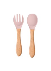 2pcs Silicone Baby Tips Feeding Training Spoon and Fork Set with Wooden Handle Toddlers Babies Eat Standalone Accessory