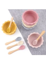 Cute silicone bowl children's complementary tableware food bowl BPA-free waterproof tableware plate wooden spoon silicone fork