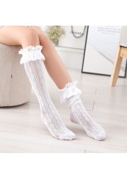 Children's Socks White Girl's Lolita Lace Knee High Socks Toddler Floral Sox Japanese Style Female Hollow Out Ruffle Cheap Stuff