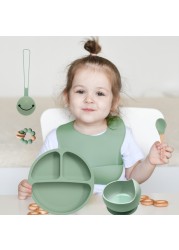 Baby Silicone Food Plate Bowl Spoon 6pcs Baby Utensil Set Auxiliary Food BPA Free Silicone Dishes for Baby Tableware