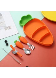 Baby Stainless Steel Silicone Cutlery Feeding Set Children Straw Cutlery Carrot Set Split Training Plate Spoon Fork Dinner Plate