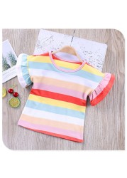 Girls Striped T-Shirt 2021 New Korean Baby Fashion Rainbow Shirts With Ruffle Sleeves Children All-match Tees 12M-8T JYF