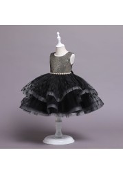 New Summer Baby Girls Pearl Sequins Party Dress Princess Dress Layered Tulle Polka Dots Print Kids Clothes 7 8 10 Years