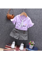 Girl Summer Clothes Set Letter Printed Petal Sleeve T-shirt + Check Short Pants 2 Pieces Suit With Point Necktie For Kids 12M-4Y JYF