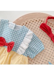 New arrival summer baby girl bodysuit cotton plaid patchwork bow newborn rompers princess birthday infant cloth with headband