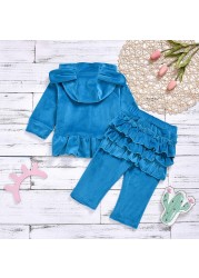 Cartoon Velvet Tracksuit Eear Ruffle Kids Children Clothing Set Autumn Winter Girls Baby Costume 2pcs Suit