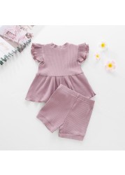 Muababi 1-5Years Children Girls Clothing Sets Summer Kids Girls Ruffles Sleeve Cotton Stripe T-shirt Tops+Shorts Casual Clothes