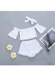 Infant Girls Clothes Baby Girl Toddler Off Shoulder Short Sleeve Tops Belt Pants Headband Outfit Sunsuit Kids Clothes Set 1-5y