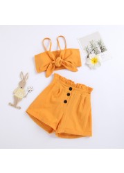 1-6y Infant Kids Baby Girls 2pcs Fashion Summer Clothes Set Bowknot Solid Crop Tops Vest Shorts Pants Outfits