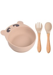 Children's silicone bowl spoon and fork set baby cartoon bear suction cup anti-drop complementary food bowl children's plate dishes