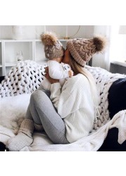 baby adult winter warm knit hat parent-child family matching hair hat kids solid color floppy hat for baby infant