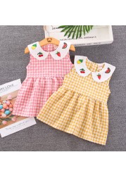 Summer Toddler Girls  Sweet Dress  2021 New Casual Fashion Kids Plaid Skirt Baby Peter Pan Collar with Fruit Printed Clothing