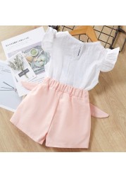 Menoea 2022 New Spring Summer Kids Girls Clothes Sets Fashion Flower Embroidery T-shirts+Bow Shorts 2Pcs Suits Children Clothing