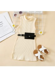 Girls Casual Dresses 2022 New Summer Kids Baby Solid Color Sleeveless Costumes Belt Bag Birthday Party Princess Vestidos