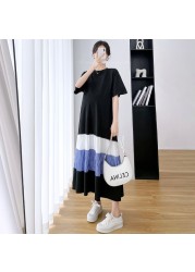 Summer Women Pregnancy Cloth Plus Size Loose Knitted Cotton Patchwork Maternity Long Dress Casual Striped Clothes for Pregnant Women