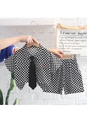 Summer cotton baby boy clothing sets infant birthday formal plaid shirt shorts 2pcs/set causal with tie tracksuit