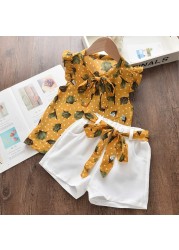 Girls clothes set 2022 new summer sleeveless T-shirt and print bow shorts for girl kids clothes children clothing 3 5 7 years