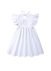 Solid White Girls Dress Ruffle Sleeve Kids Summer Clothes Baby Girls Linen Cotton Dresses A-line Casual O-neck Dress