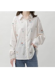 Sweet Flower Summer White Shirt Women Blouse Design Top Elegant Outerwear Long Sleeve Chiffon Female Shirt FLL0803