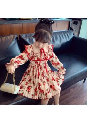 Autumn New Fashion Baby Girls Dresses Long Sleeve Chiffon Floral Princess Cute Dress Family Vacation Beach Kids Clothes 1-6 Years