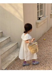 Aile Junmei 2022 Summer Girls Dress Cotton Linen Floral Sleeve Applique Korean Style Dress Children Princess Dress
