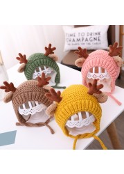 Cute Deer Elk Antlers Baby Hat Winter Warm Plush Knitted Ear Warmer Children Hat Bonnet Boys Girls Beanie Hat Christmas Hats