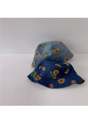 MILANCEL 2022 summer children's denim bucket hat sunflower print large brim hat