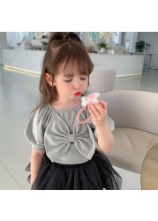 Summer girls cute casual T-shirt baby sweet bubble sleeve princess clothes big bow short sleeve top