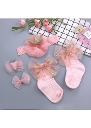 Baby Girl Lace Flower Headband Socks Set Cotton Baby Socks Newborn Socks Anti Slip Floor Socks Elastic Baby Hair Band