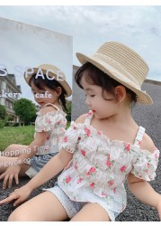 2pcs/set Kids Girl Clothes Sweet Little Flower Top Outer Clothes Lace Denim Shorts Fashion Causal Summer Princess Clothing Suit