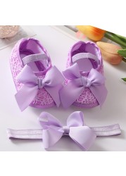 Etosale Cute Baby Walking Shoes 0-18M Newborn Baby Girls Shoes + Headband Set Infant Soft Sole Bowknot Princess First Walkers