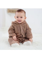 Winter Flannel Baby Boy Cartoon Animal 3D Bear Ear Warm Jumpsuit Newborn Baby Clothes Infant Romper 0-12M